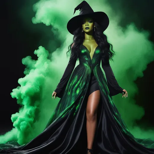 Prompt: (photorealistic) Rihanna in character as Elphaba, striking a powerful pose with dramatic green skin, long dark hair, and a flowing black gown, (intense gaze) and vibrant emotions reflecting strength. A fantastical background with swirling emerald smoke and mystical elements, cool tones and shadowy greens, creating an enchanting and mesmerizing ambiance. Ultra-detailed, capturing every nuance of this iconic crossover.