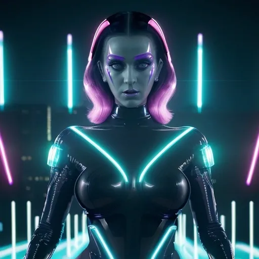 Prompt: Katy Perry as (a Mugler cyborg), futuristic fashion, sleek metallic body suit, glowing LED accents, striking makeup with vibrant colors, (bold accessories), intricate detailing in design, dynamic pose, cyberpunk atmosphere, urban background with neon lights, (high intensity), (vivid contrast), expressive and captivating vibe, 4K ultra-detailed, cinematic feeling capturing the interplay of technology and elegance.