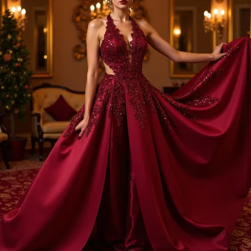 Prompt: (mortadella dress), stunning fashion design, elegant flowing gown, rich burgundy hues, textured satin fabric, (vibrant), intricate floral embellishments, soft flowing layers, unique neckline, luxurious appearance, warmly lit glimmering atmosphere, sophisticated and enchanting ambiance, high-quality, ultra-detailed, inspired by contemporary haute couture.