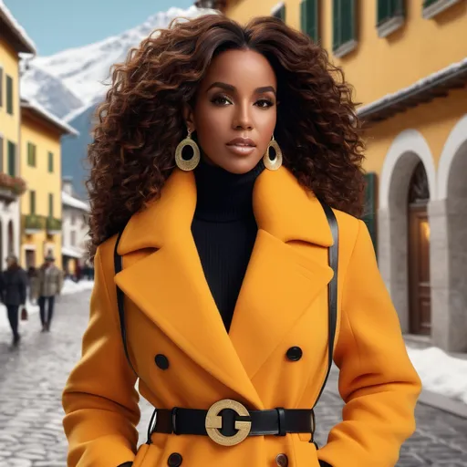 Prompt: Hyperrealistic 3D Kelly Rowland in 80s italian Courmayeur winter and cold fashion Gianni Versace, photorealistic, accurate features, Versace outfit, high resolution 64k, detailed textures, realistic lighting, Capri street backdrop, sophisticated, elegant, photorealism, Italian fashion, 80s style, high quality, Versace, detailed design, accurate, realistic rendering, lifelike, professional, professional lighting 