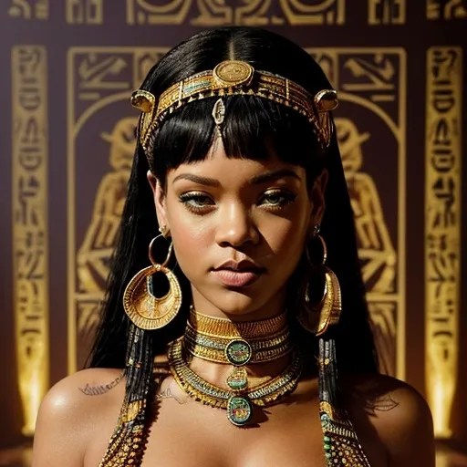 Prompt: (Rihanna as Cleopatra), striking regal pose, jeweled headdress, elaborate Egyptian attire, shimmering gold accentuations, ancient Egyptian motifs, (saturated colors), ethereal glow, (dramatic lighting), opulent palace backdrop, detailed hieroglyphs, serene but powerful ambiance, exuding queenly charisma, (ultra-detailed), captivating and vibrant portrait showcasing elegance and strength.