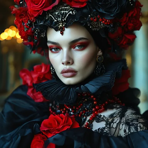 Prompt: (Valentino Halloween look), striking and luxurious fashion, eerie yet elegant design, avant-garde style, intricate details, bold colors featuring deep blacks and fiery reds, dramatic silhouettes, dark romantic ambiance, ethereal lighting emphasizing shadows, haute couture elements, gothic inspirations, stunning accessories, captivating atmosphere, ultra-detailed, 4K.