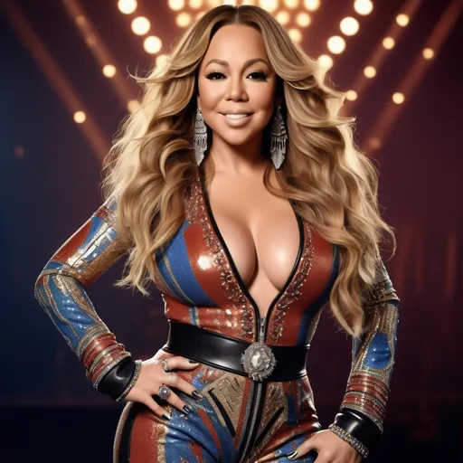 Prompt: Mariah Carey, (iconic pop singer), striking a confident pose, (glam rock Balmain outfit), intricate details and textures, bold metallic colors, dynamic patterns, dramatic lighting, ultra-detailed, high contrast, sparkling accessories, glamorous makeup, lively studio background, vibrant ambiance, captivating energy, HD quality, inspired by fashion powerhouses.