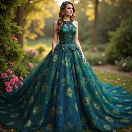 Prompt: Peacock dress, (elegant design), intricate feather patterns, vibrant shades of (iridescent green and blue), flowing fabric, high-fashion style, (dynamic draping), surrounded by a magical setting, lush garden background, soft warm lighting, whimsical atmosphere, ultra-detailed, artistic masterpiece, showcases beauty and sophistication, capturing the grace of peacock inspiration.