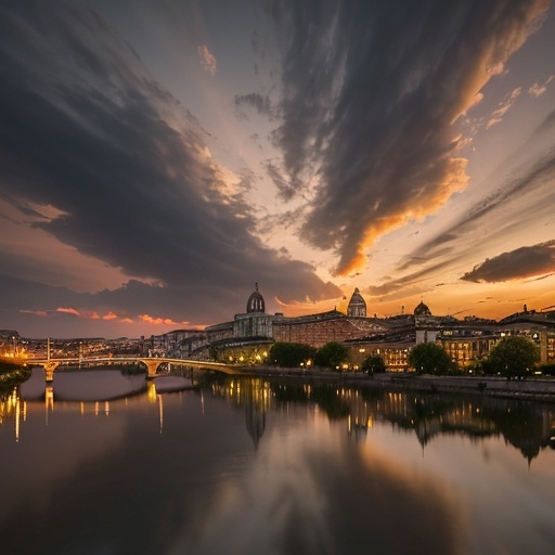 Prompt: (Torino) skyline at sunset, capturing iconic architecture, atmospheric reflections, and the warm glow of the setting sun. Dramatic clouds converge with deepening hues of orange and violet, enhancing a breathtaking panorama. Nostalgic vibe, with people leisurely walking in the streets. (High definition), showcasing the city's charm and elegance in every detail.