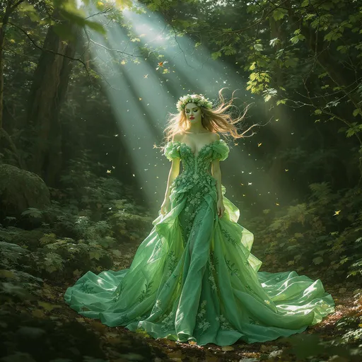 Prompt: Imagine a whimsical forest glade bathed in soft, dappled sunlight filtering through lush, green leaves. At the center stands Kim Petras, adorned in a dazzling forest dress that seems to bloom with vibrant shades of green, accented with delicate floral patterns that echo the natural beauty around her. The dress flows elegantly, mimicking the movement of the gentle breeze, while her hair cascades like golden sunlight, intertwining with wildflowers. Ethereal beams of light create a magical atmosphere, with tiny specks of pollen dancing around her, and the faint sound of birdsong fills the air. This enchanting scene is presented in a dreamy photo by David Lachapelle, emphasizing the ethereal beauty and connection of nature and fashion.