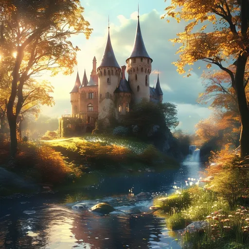 Prompt: (fairytale scene), enchanting forest, whimsical characters, vibrant colors, golden sunlight filtering through trees, magical creatures, sparkling fairy dust, a serene river, lush greenery, dreamy atmosphere, soft, warm tones, chateau in the distance, (4K ultra-detailed), capturing a sense of wonder and nostalgia, heartfelt storytelling.