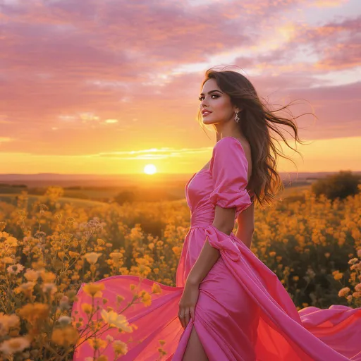 Prompt: Envision a vibrant scene where Selena Gomez stands gracefully in an elegant, eye-catching pink Moschino dress that flows lightly around her. The fabric shimmers under the soft golden glow of a setting sun, casting warm, enchanting reflections that dance across her silhouette. Her hair, softly tousled by the gentle evening breeze, frames her face as she gazes toward the horizon, a hint of a smile playing on her lips. Surrounding her are subtle hints of blooming wildflowers, their colors harmonizing with the dress, while an impressionistic sky swirls with shades of orange and lavender. The atmosphere is imbued with a sense of tranquility and beauty, perfect for a dreamy photo