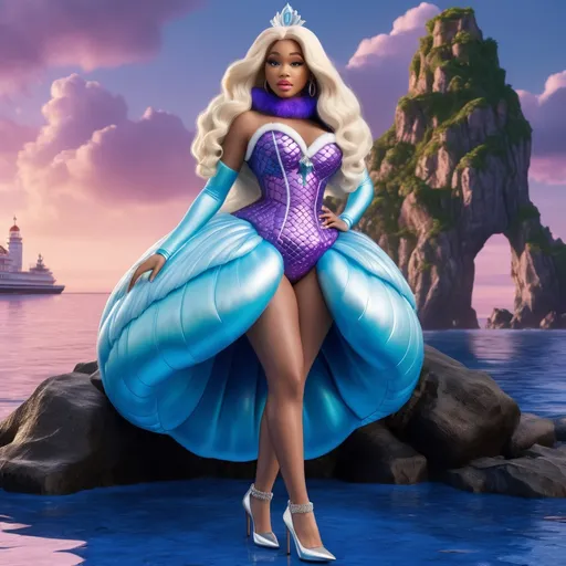 Prompt: Hyper realistic 64k 3d Ursula from The Little Mermaid as Nicki Minaj in hyper realistic and very detailed 64 3d hd, wearing Moncler and heels outfit, very detailed Moncler dress 64k Reflex ultra hd quality and very detailed Moncler heels 64k ultra hd quality 