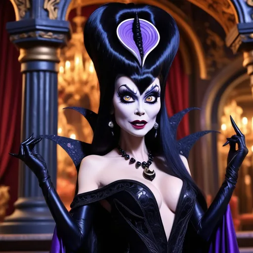 Prompt: (Yzma as Elvira), dramatic character fusion, (vibrant colors), bold contrasts, whimsically mischievous expression, ornate costume details, exaggerated makeup, long dark hair with majestic styling, behind her elaborate, shadowy palace background, eccentric and theatrical ambiance, (4K), ultra-detailed portrayal, capturing the humor of both characters, striking and playful imagery blending classic Halloween elements with animated flair.