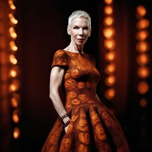 Prompt: Annie Lennox, (striking pose), wearing an exquisite Alaia pumpkin-inspired dress, rich orange hues blending with deep autumnal tones, (vibrant textures), flowing elegantly, dramatic lighting highlighting her features, soft blurred background with warm, cozy ambiance, capturing an artistic and fashion-forward essence, (ultra-detailed, HD).