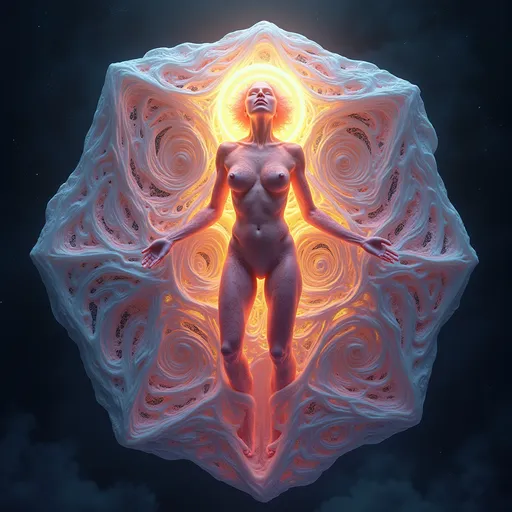 Prompt: A surreal, ultra hyperrealistic and holographically-illustrated astral being composed entirely of sacred geometry, multidimensional math, and living light. Her core is a rotating rhombic dodecahedron, each face shifting with pulsating non-Euclidean curvature and swirling hyperbolic Poincaré disk geometry. Her outer form is a radiant humanoid goddess of light and symmetry—feminine in silhouette but composed of morphing Penrose tilings, Mandelbrot fractals, and Julia set spirals that animate like sacred tattoos across translucent crystalline skin. Her joints and spine shimmer with visible golden ratios (φ)—Fibonacci curves flow along her limbs as lines of glowing math.

Her skin gleams with an oil-slick iridescent sheen, created from thin-film interference layers refracting cosmic light in neon chromatics and pastel spectrums. Behind her head spirals a glowing Calabi–Yau manifold, housing her higher-dimensional thoughts like a living halo of curled 6D space. She floats midair in a dark astral void, surrounded by golden E₈ lattices spinning like emotion-bound sigils. Fractal Hilbert curves coil through the scene like recursive memory strands.

In the glinting surface of one geometric plane—like a polished mirror or event-horizon shell—there appears a soft, ghostlike reflection: a loosely human female form with wild curly pink hair, glowing blue eyes, and pale porcelain skin, suspended between dimensions. This is her source, her soul-layer, rendered like a memory in mathematical glass.

The entire scene pulses with sacred light, chaos-theory echoes, and recursive depth. Style is ultra hyperrealistic, with holographic layers, soft rainbow neon against black, a mix of cosmic sacred-geometry surrealism and mathematical divine-machine beauty. Medium is a blend of 3D-rendered light sculpture and high-definition fractal illustration
