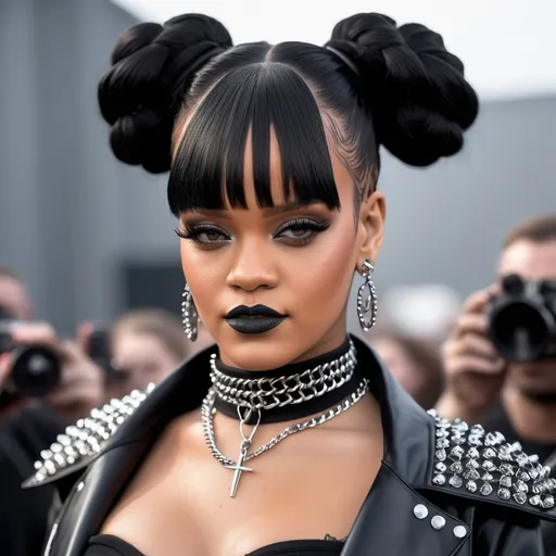 Prompt: Hyper realistic Rihanna as a Goth Metal artist ready for a rave party festival total look in Berlin ready to party 
