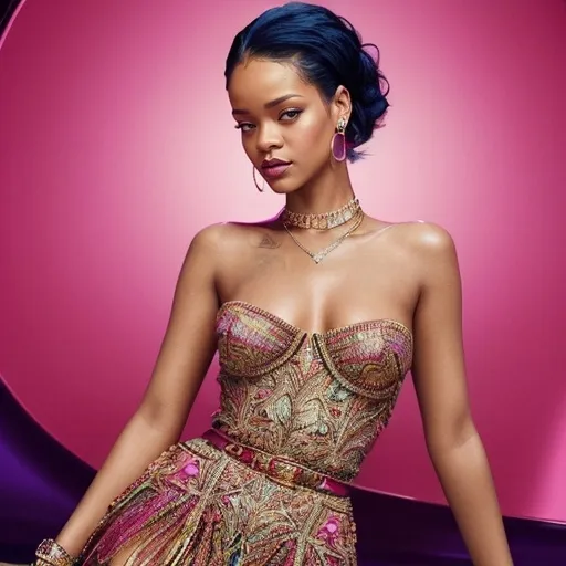 Prompt: (Highest quality photo), Rihanna photorealistic, (vibrant colors), elegant posing, luxurious outfit, intricate details on Dior clothing, radiant makeup, soft lighting accentuating her features, high fashion atmosphere, stylish accessories enhancing the look, dynamic background fitting an upscale fashion theme, ultra-detailed, captivating and confident vibe.