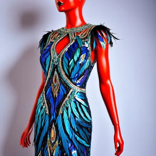 Prompt: Bob Mackie dress, glamorous sequins and feathers, intricate embroidery, high fashion, high quality, detailed design, elegant, vibrant color palette, dramatic lighting