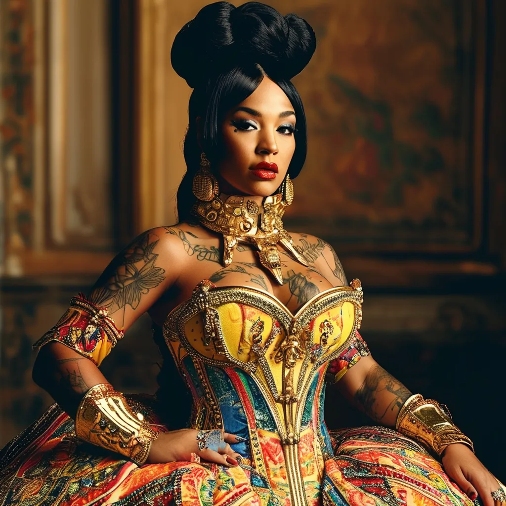 Prompt: Nicki Minaj (wearing a stunning Dolce&Gabbana corset long dress)