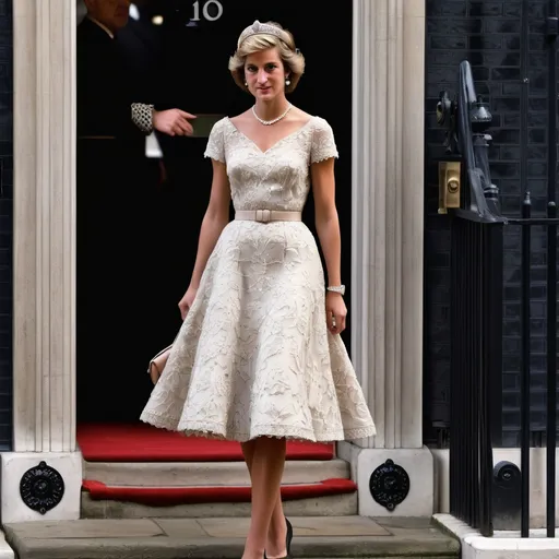 Prompt: Hyper Realistic and very detailed Lady Diana wearing a hyper realistic and very detailed Valentino 50s look with a very detailed Valentino dress and very detailed Valentino shoes in the centre of a very accurate 50s London 64k Hd, very accurate 3D 