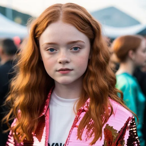 Prompt: Hyper realistic Sadie Sink ready with a rave party festival total look in Berlin ready to party 