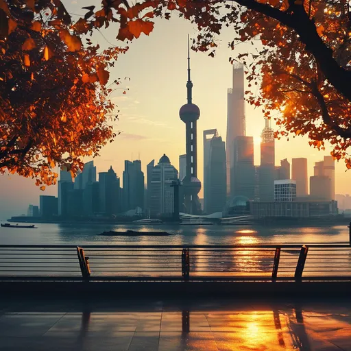 Prompt: Autumn night scene in Shanghai, (vibrant city lights), (golden autumn leaves), urban skyline illuminated, cool tone lighting, cozy atmosphere, reflections on water, rich textures, serene ambiance, high detail, 4K quality, atmospheric perspective capturing the beauty of the night in a bustling city during autumn.