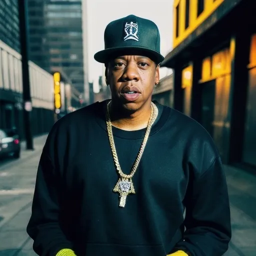 Prompt: (Jay Z), iconic hip-hop artist, vibrant urban backdrop, emphasizing street culture, dynamic pose capturing confidence, stylish attire featuring modern streetwear, cool color tones, atmospheric lighting creating a bold vibe, detailed facial features portraying charisma, high detail, ultra-detailed, 4K quality, capturing the essence of music and culture.