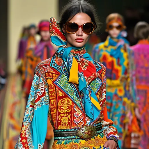 Prompt: (vibrant patterns and colors), (Etro style), intricate designs, luxurious fabrics, bohemian vibes, elegant silhouettes, rich color tones, artistic flair, stylish accessories, high fashion, whimsical textures, dynamic arrangement, bold combinations, captivating craftsmanship, upscale ambience, (ultra-detailed) integration of artistry and opulence, stunning presentation.