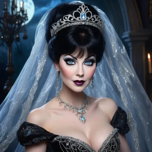 Prompt: (Cinderella) Elvira, enchanting transformation, elegant ball gown, dark glamorous colors, whimsical fairy-tale ambiance, moonlit background, sparkles and magical elements, (dramatic) lighting, exquisitely detailed facial features, captivating expression, veil and tiara, HD, ultra-detailed, contemporary art style with a gothic twist.