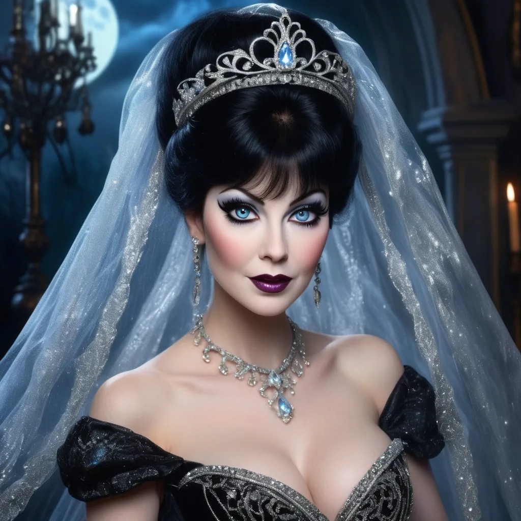 Prompt: (Cinderella) Elvira, enchanting transformation, elegant ball gown, dark glamorous colors, whimsical fairy-tale ambiance, moonlit background, sparkles and magical elements, (dramatic) lighting, exquisitely detailed facial features, captivating expression, veil and tiara, HD, ultra-detailed, contemporary art style with a gothic twist.