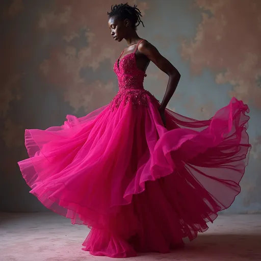 Prompt: (Alek Wek in a Valentino pink dress), elegant jump fashion pose, high-fashion portrait, (vibrant colors), striking fuchsia gown, intricate details on the dress, soft lighting highlighting textures, luxurious ambiance, abstract  background, ultra-detailed, fashion photography style, showcasing grace and beauty, emphasis on the interplay of light and fabric.