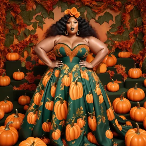 Prompt: Lizzo wearing Dolce&Gabbana dress inspired by Halloween pumpkins, (vibrant) orange and deep green colors, elegant flowing fabric, (whimsical) pumpkin motifs, intricate details, dramatic silhouette, festive ambiance, backdrop of soft autumn foliage, warm golden light accentuating the textures, (HD) ultra-detailed design, combining haute couture with seasonal spirit, evoking a playful yet sophisticated mood.