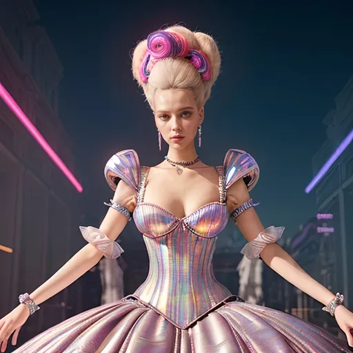 Prompt: Futuristic Marie Antoinette, (elegant attire blending traditional and avant-garde styles), wearing holographic fabrics, intricate digital patterns, (opulent accessories with high-tech flair), (neon colors: pinks, blues, and metallics), set against a sprawling modern realm bustling with life, ethereal lighting, and a grand palace silhouette in the background, (dreamy ambiance), ultra-detailed, vibrant.