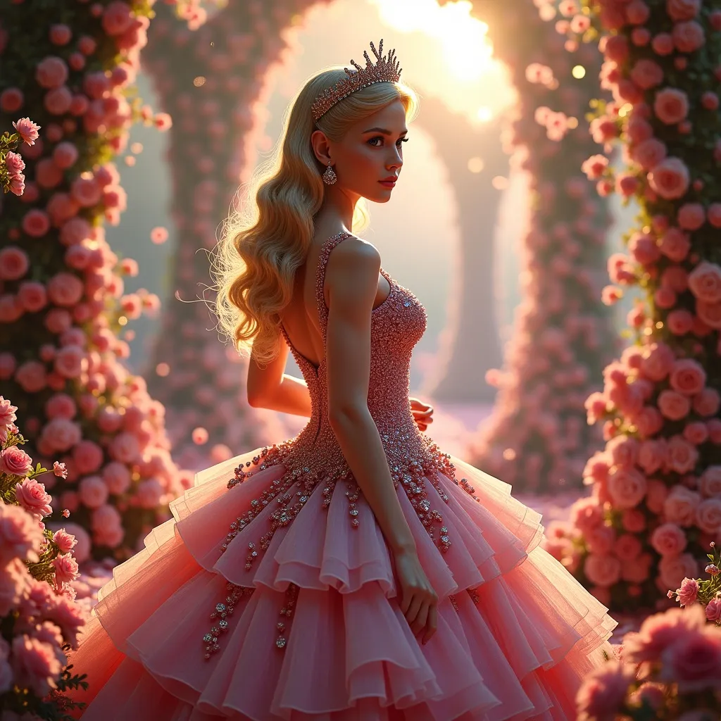 Prompt: (Glinda the Good Witch), dressed in stunning (Dolce&Gabbana fashion), (elegant gown), intricate floral patterns, shimmering embellishments, (glamorous accessories), nestled in a magical environment, whimsical colors, warm lighting, enchanting atmosphere, soft focus depth of field, ultra-detailed, surreal fantasy elements, enchanting background with sparkles and twinkling lights, high quality 4K.