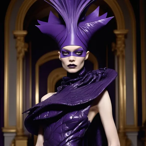 Prompt: (Yzma reimagined by Margiela), (fashion-forward), (high couture), avant-garde silhouette, dramatic textures, unique patterns, striking color palette, (luxurious details), (eccentric style), whimsical accessories, rich background depicting opulence, magical ambiance, (ultra-detailed), (vibrant).