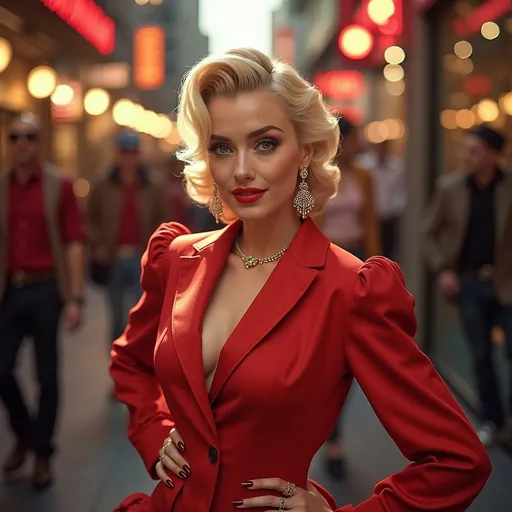 Prompt: (Marilyn Monroe in a modern 1998 fashion), glamorous outfit, sleek hairstyle, bold colors, stylish accessories, captivating expression, (high-class), high-fashion atmosphere, dreamy background, (radiant lighting), chic urban setting, vibrant and striking color palette, (ultra-detailed), (4K) quality, timeless elegance with a contemporary twist.