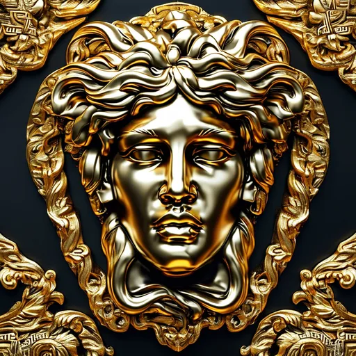 Prompt: (Versace logo, ornate gold patterns, intricate Baroque designs, Medusa head emblem), vibrant and luxurious colors, rich texture, classical art-inspired, high fashion aesthetic, elegant and opulent, lavish gold and black contrasts, grandiose elements, timeless glamour, luxury brand representation, bold and sophisticated, sophisticated ornamental border designs, premium quality, 4K, ultra-detailed, sharp and vivid features, glamorous background, museum-like exhibit setting, high-end branded style.