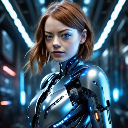 Prompt: (Emma Stone as a cyborg), futuristic cybernetic enhancements, sleek armor, glowing blue circuitry, expressive eyes, dynamic pose, high-tech background, sharp and dramatic lighting, cool tones, cinematic atmosphere, ultra-detailed, blend of organic and mechanical elements, captivating facial expression, stylish confidence, evokes a sense of empowerment, metallic textures, cyberpunk inspiration.