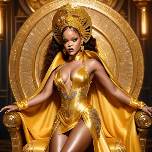 Prompt: (Gorgeous Rihanna alien drag queen), resplendent in luxurious (golden robes), showcasing (8-inch stiletto high heels), striking a compelling pose, situated in an opulent throne room, adorned with intricate decor, soft ambient lighting creating a glamorous atmosphere, high-quality (4K ultra-detailed), capturing the ethereal beauty and elegance of the entity dominating her regal setting.