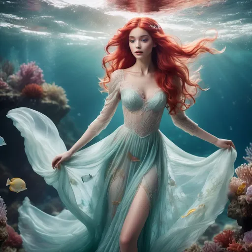 Prompt: (Ariel wearing a Valentino delicate dress), ethereal elegance, flowing fabric, intricate lace details, shimmering textures, vibrant underwater colors, soft lighting cast on flowing hair, mesmerizing ocean backdrop, graceful pose, serene expression, whimsical aquatic elements, high-definition quality, captivating and dreamy atmosphere.