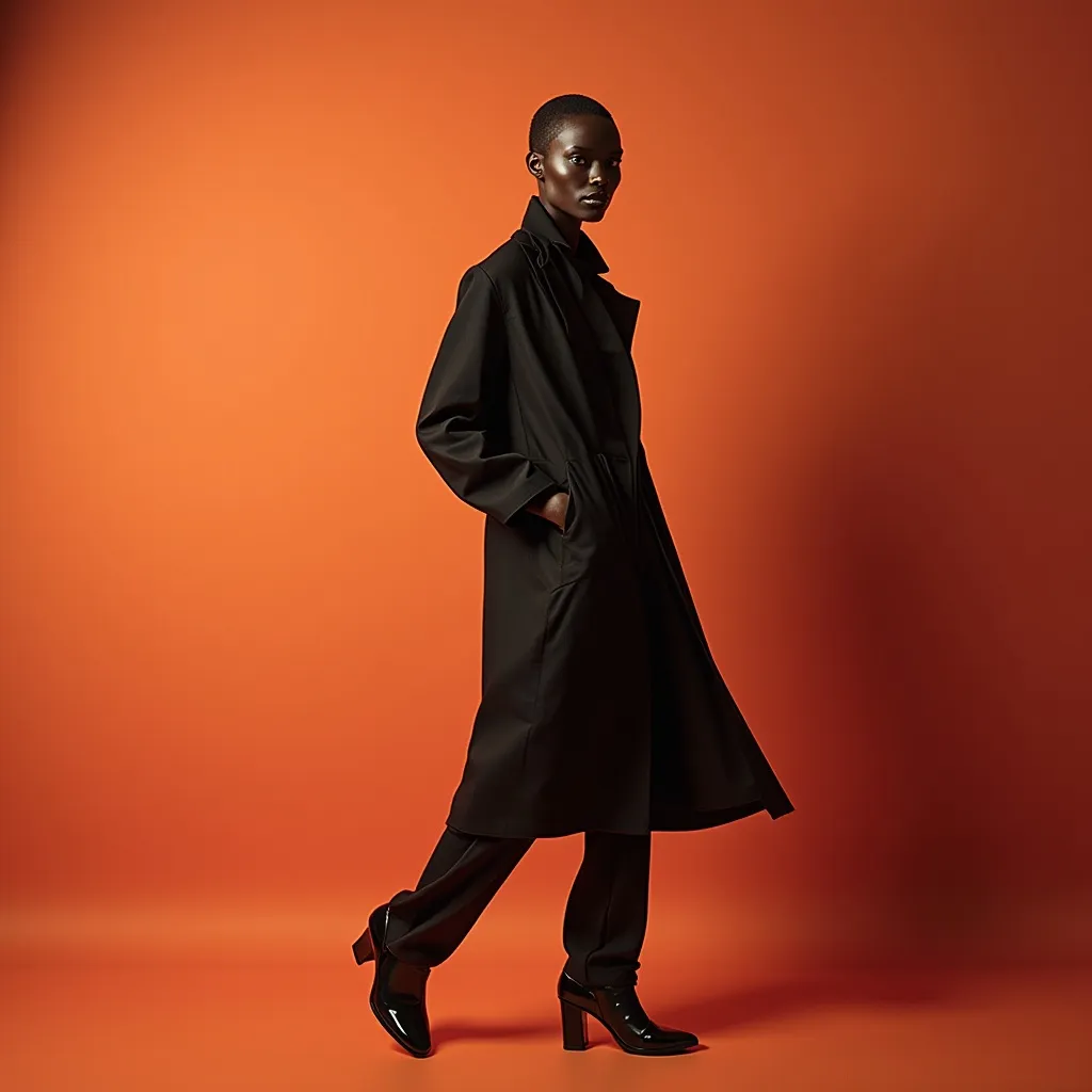 Prompt: (Alek Wek wearing Jil Sander), high fashion, (striking pose), timeless elegance, modern silhouette, minimalist design, soft yet bold fabric textures, dreamy background setting, warm and inviting colors, (4K), ultra-detailed fashion photography, capturing the essence of contemporary style, chic accessories, ambient lighting that enhances the mood, poised and confident aura.