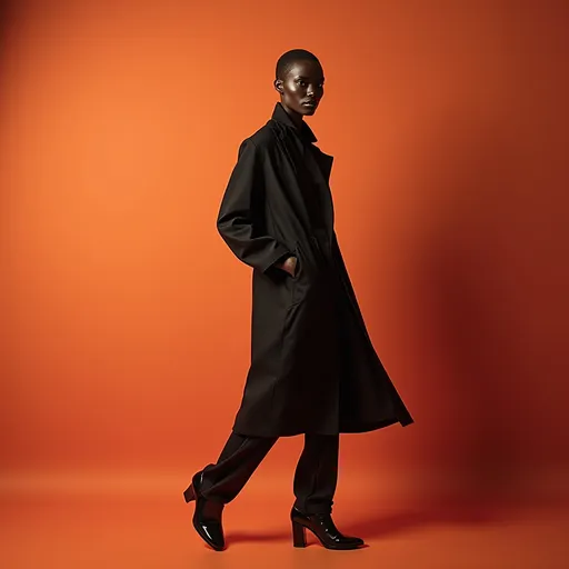 Prompt: (Alek Wek wearing Jil Sander), high fashion, (striking pose), timeless elegance, modern silhouette, minimalist design, soft yet bold fabric textures, dreamy background setting, warm and inviting colors, (4K), ultra-detailed fashion photography, capturing the essence of contemporary style, chic accessories, ambient lighting that enhances the mood, poised and confident aura.