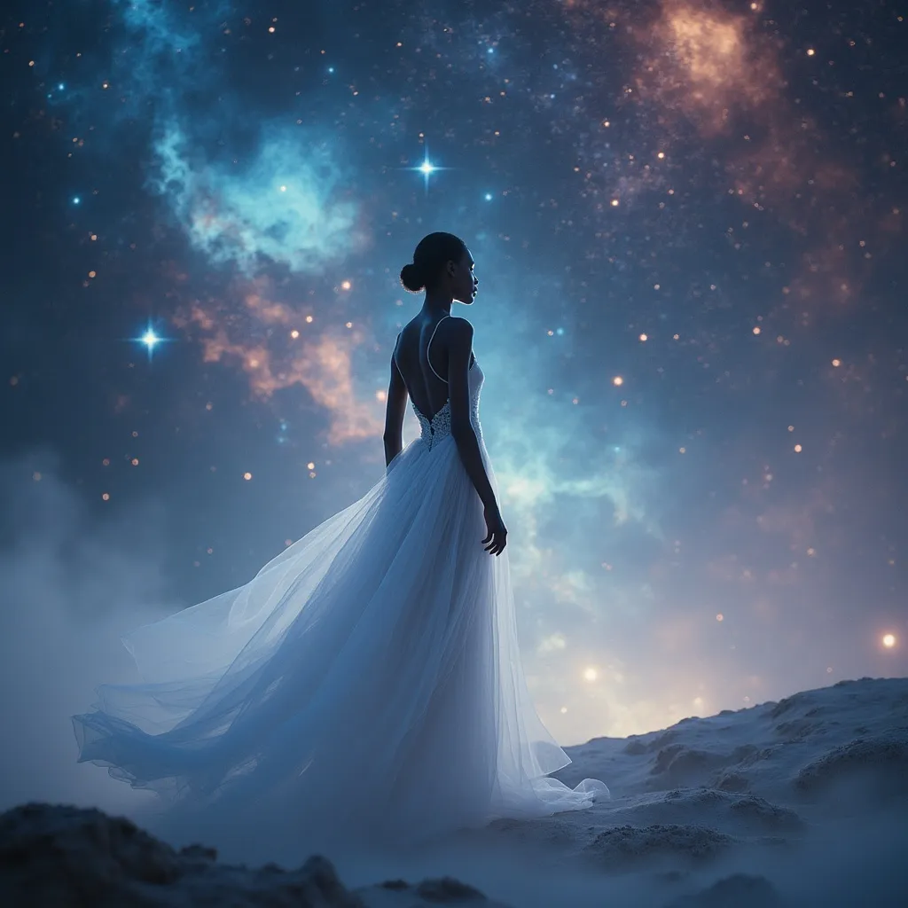 Prompt: (Alek Wek), ethereal figure adorned in a (delicate white Jil Sander dress), set against a breathtaking (outer space) backdrop, featuring vivid (nebulae), sparkling (stars), and swirling (galaxies), with a serene and (cosmic atmosphere), illuminated by gentle and otherworldly lighting, showcasing high detail, (4K), cinematic depth, creating a visually stunning and (dreamlike) scene.