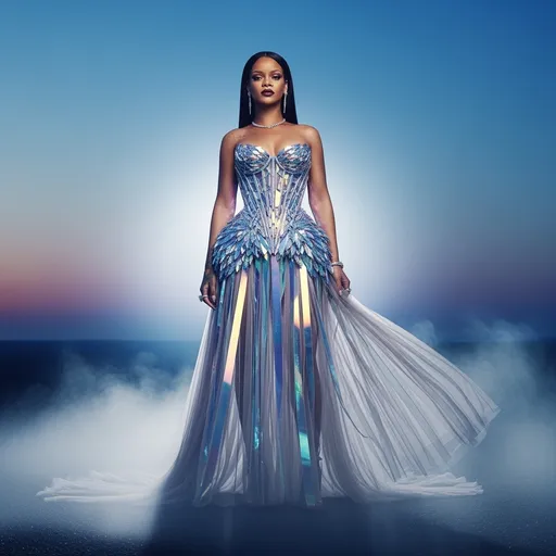Prompt: Visualize Rihanna standing elegantly in an otherworldly setting, adorned in a stunning Dior glass corset dress that captures the light with a dazzling brilliance. The dress, an intricate fusion of sophistication and avant-garde design, glistens like shards of crystal, reflecting ambient light in hues of iridescent blues and purples. Soft, ethereal lighting casts a gentle glow around her, enhancing her striking features and emphasizing the contours of the dress. Wisps of mist swirl around her ankles, creating an air of mystery as twilight descends. Rihanna stands confidently, her expression a mix of poise and fierce determination, while a soft breeze stirs the delicate fabric. This scene is encapsulated in a dreamlike photo, conveying both elegance and surreal beauty.