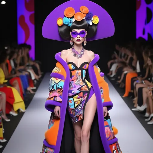 Prompt: (Yzma reimagined by Moschino), (high fashion), bold colors, whimsical patterns, dramatic accessories, chic and eccentric outfit, playful and mischievous expression, luxurious textures, lavish details, eccentric couture style, creative and stylized design, vibrant background with a playful and dynamic atmosphere, (ultra-detailed), (4K), colorful lighting, avant-garde fashion runway influence.