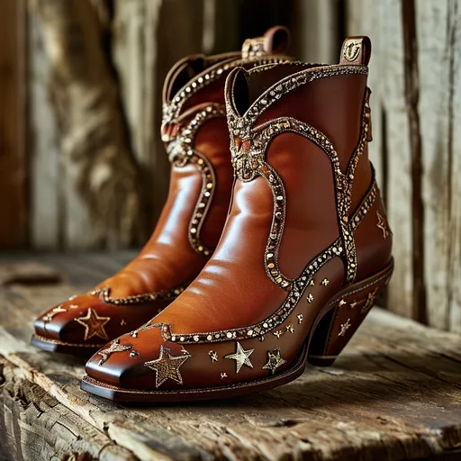 Prompt: (Sergio Rossi Texas boots), intricately designed, showcasing close-up details of rich leather texture, star-studded embellishments, and vibrant stitching, set against a rustic wooden backdrop. The lighting is warm and inviting, illuminating the boots with a soft glow, enhancing the craftsmanship and luxurious essence. The atmosphere is bold and stylish, suggesting a fusion of tradition and modern fashion, perfect for highlighting a sophisticated country aesthetic. Ultra-detailed, high quality.