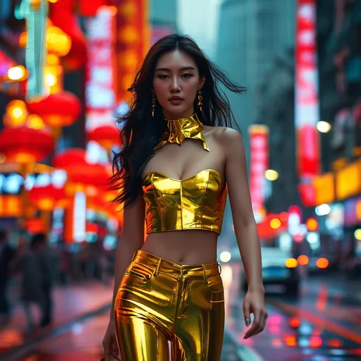 Prompt: (Chinese top model), wearing dazzling (golden hot pants), elegantly striding through vibrant Shanghai streets, illuminated by colorful city lights, modern skyscrapers reflecting a lively atmosphere, stylish and confident pose, warm hues highlighting the evening ambiance, bustling urban background, ultra-detailed, photorealistic depiction showcasing fashion and dynamic energy.