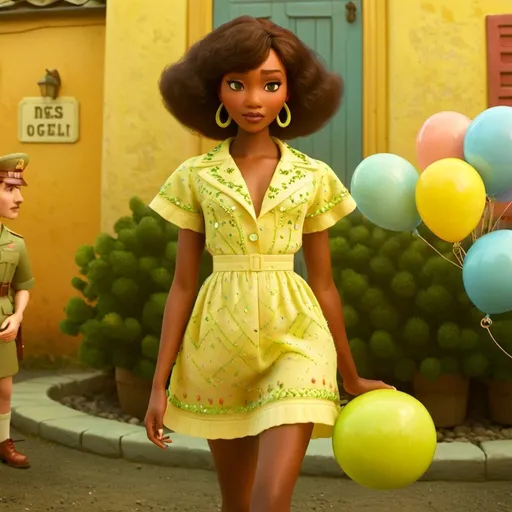 Prompt: Naomi Campbell wearing Valentino Dress in a Wes Anderson scenario 