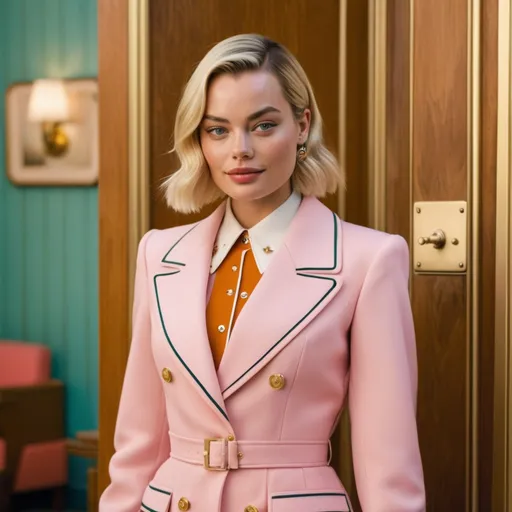Prompt: Hyper realistic Margot Robbie wearing a Miu Miu outfit in a Wes Anderson Movie