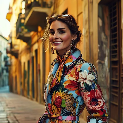 Prompt: Olivia Palermo in Palermo, (stylish fashionista), elegant outfit, chic accessories, vibrant city backdrop, lush Italian architecture, intricate details of vintage buildings, warm sunlight casting soft shadows, lively street atmosphere, alluring vintage colors, (sophisticated pose), captivating smile, focal point on fashion and surroundings, enchanting ambiance, (4K resolution), ultra-detailed, inviting radiant mood.