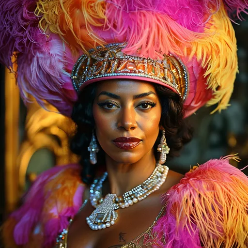 Prompt: (Beyoncé as Josephine Baker), vibrant colors, glamorous 1920s attire, dazzling feathers and sequins, iconic cross-armed pose, captivating smile, (dramatic lighting), rich backdrop with vintage Parisian elements, lively ambiance reflecting the Jazz Age, elegant and powerful, (ultra-detailed), expressing confidence and artistry, cultural celebration, strong femininity, luxurious and bold.