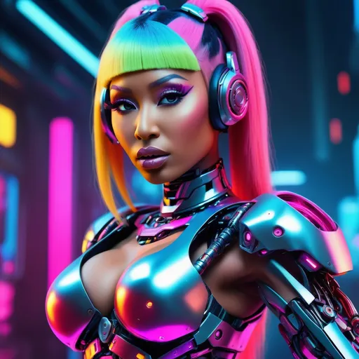 Prompt: (cyborg Nicki Minaj), vibrant colors, sleek metallic elements, dynamic pose, futuristic background, (highly detailed facial features), bold makeup, dramatic lighting, cyberpunk theme, sharp contrasts, expertly integrated robotic features, intense expression, modern style, ultra-detailed composition, captivating atmosphere, energetic vibe, 4K resolution