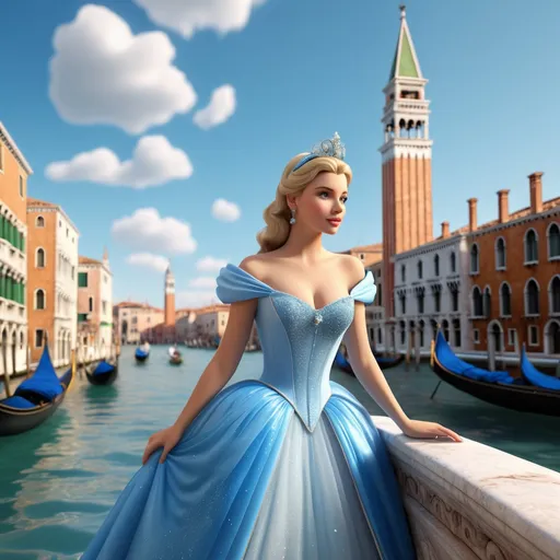 Prompt: Hyper realistic 64k 3d Cinderella in hyper realistic and very detailed 64 3d hd, in Venice, very detailed, Venice Background 